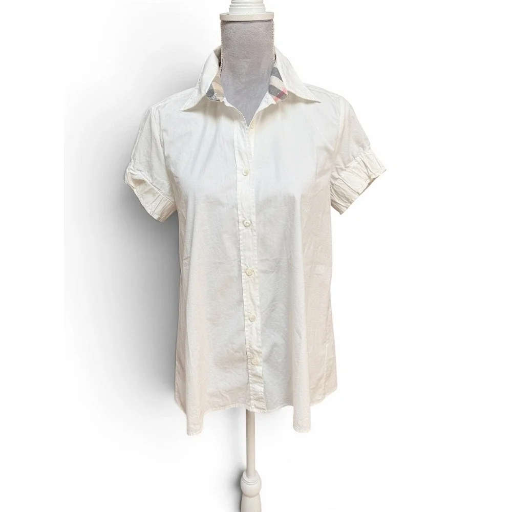 Burberry Button Up Shirt Womens M White Nova Check Heritage Classic Puff Sleeve - Picture 2 of 12
